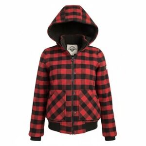 BEAVER CANOE Buffalo Plaid Fleece Hooded Bomber Jacket Womens S Red Black